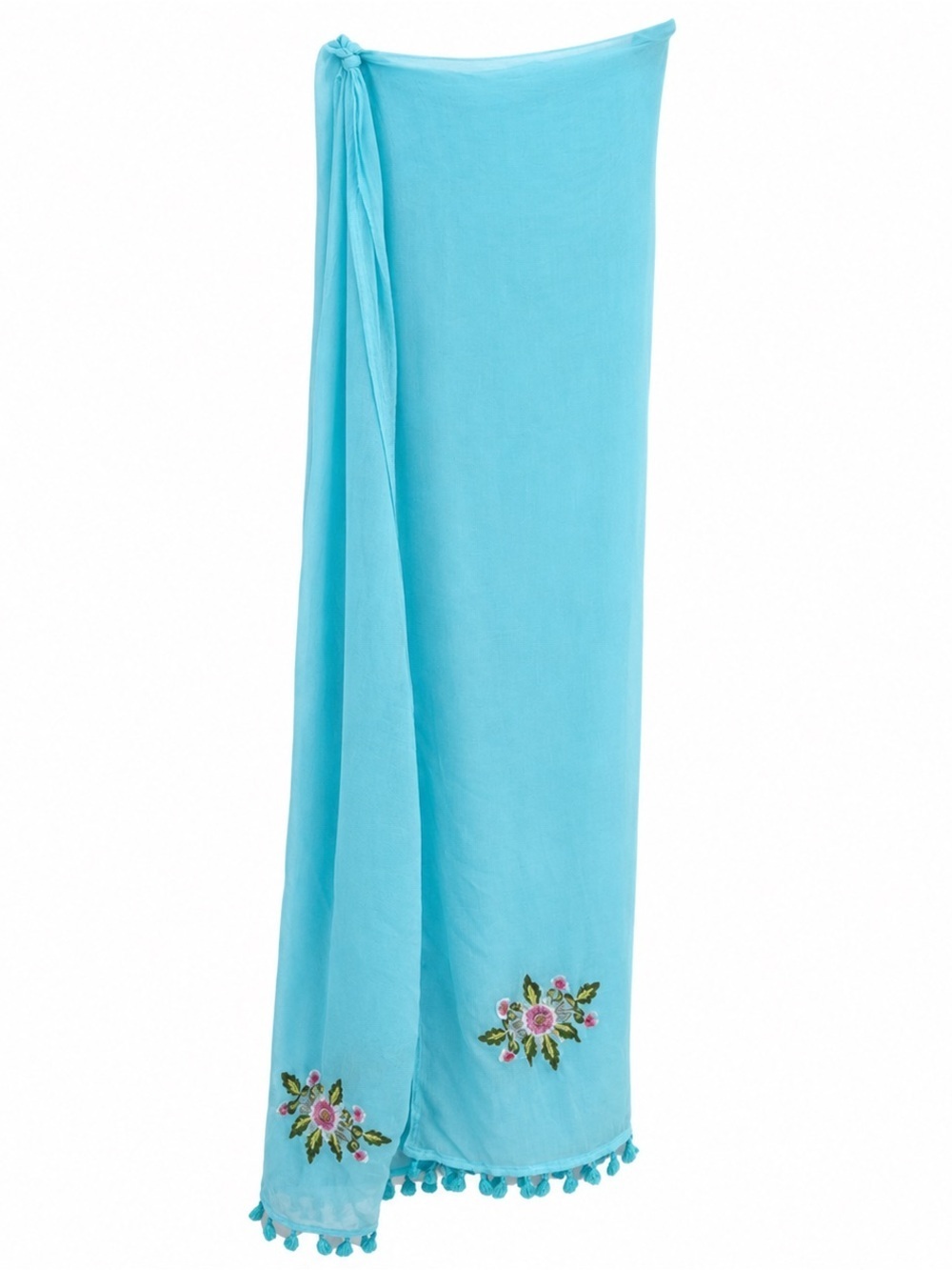 Vintage Aqua Blue Embroidered Floral Tassel Scarf Wrap Shawl Boho